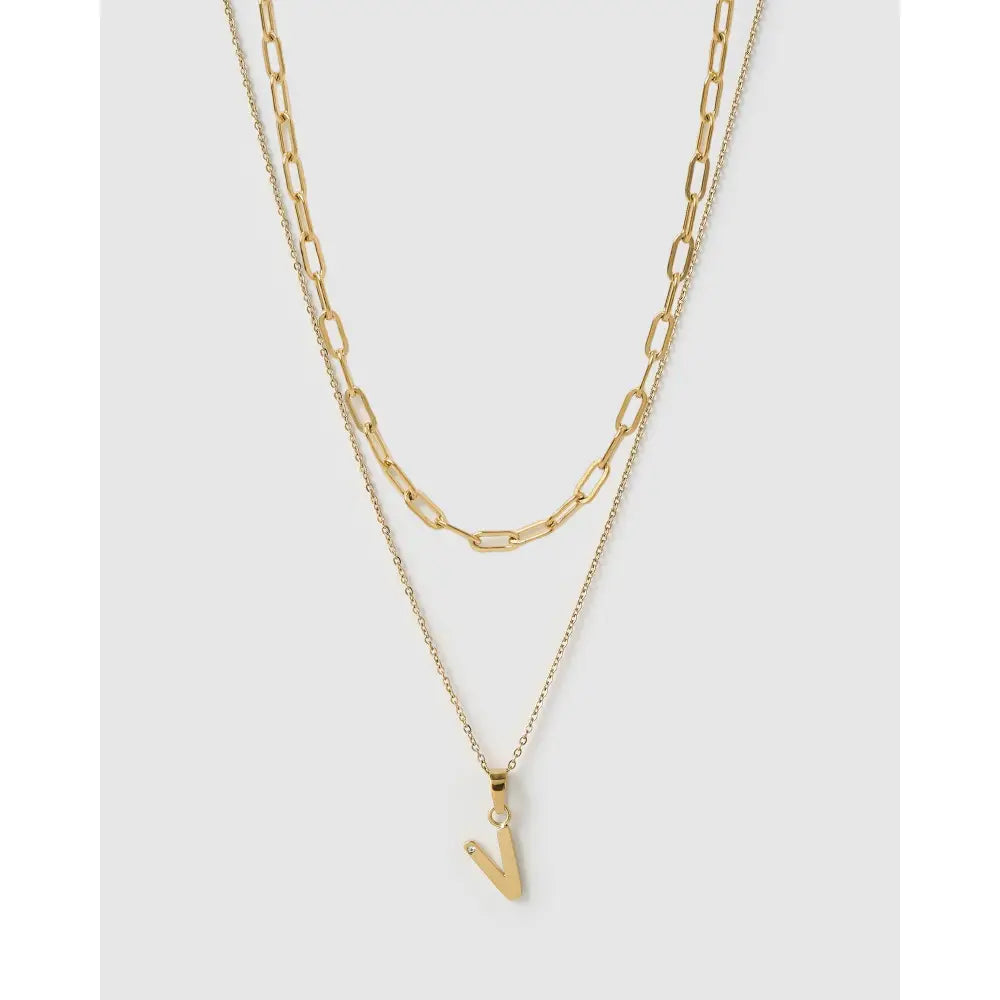Alphabet Gold Necklace Stack - V - Necklaces