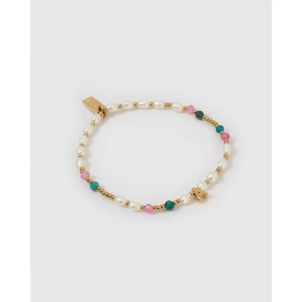 Beaded Gemstone and Pearl Initial Gold Bracelet - A - Bracelets