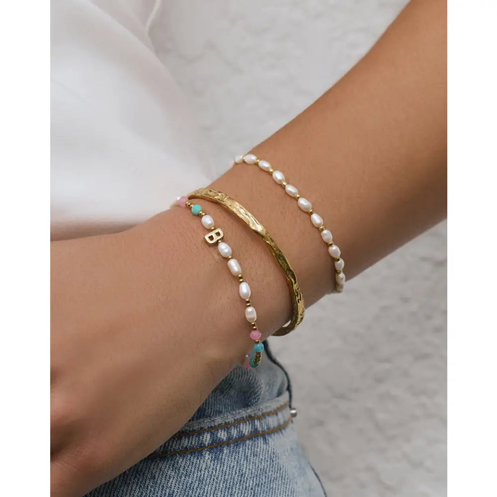 Beaded Gemstone and Pearl Initial Gold Bracelet - Bracelets