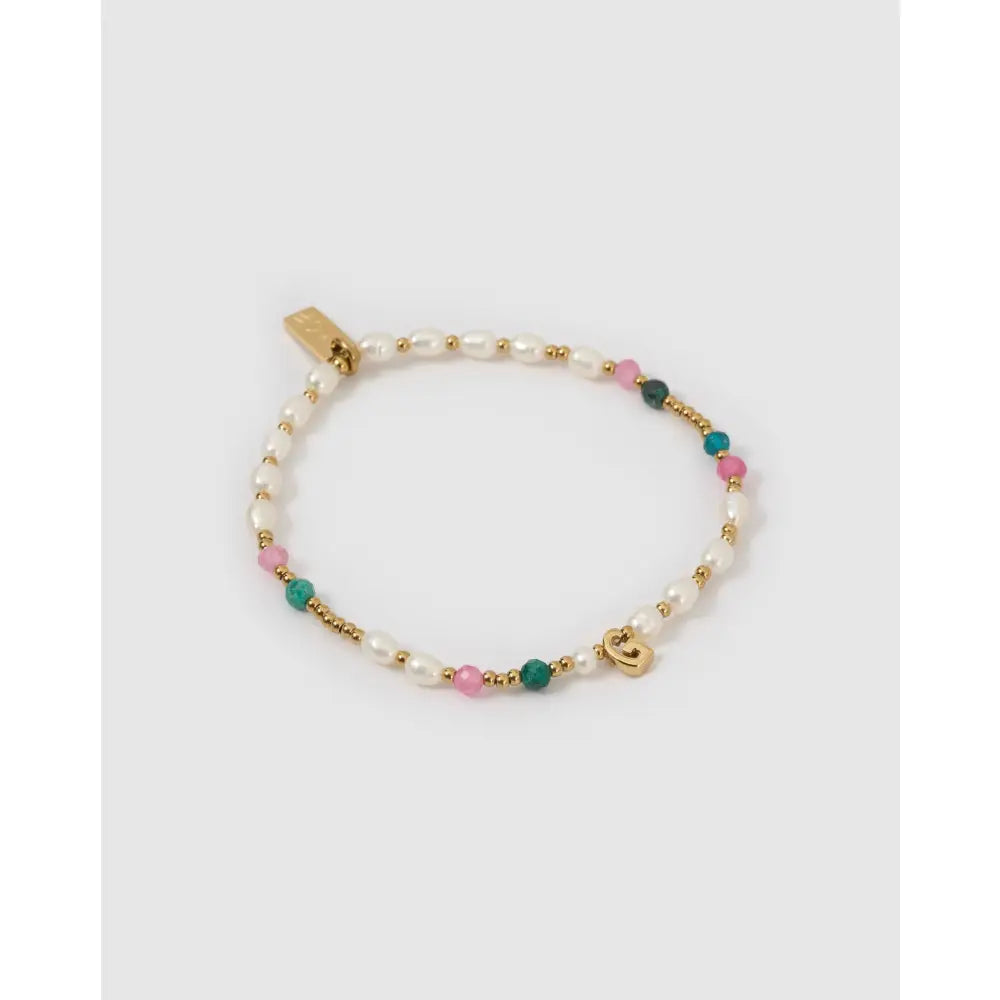 Beaded Gemstone and Pearl Initial Gold Bracelet - G - Bracelets