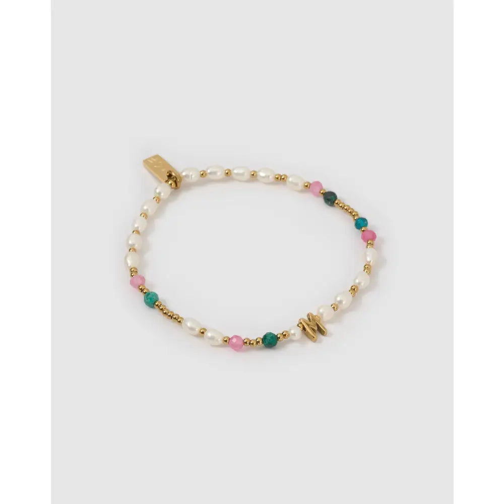Beaded Gemstone and Pearl Initial Gold Bracelet - M - Bracelets