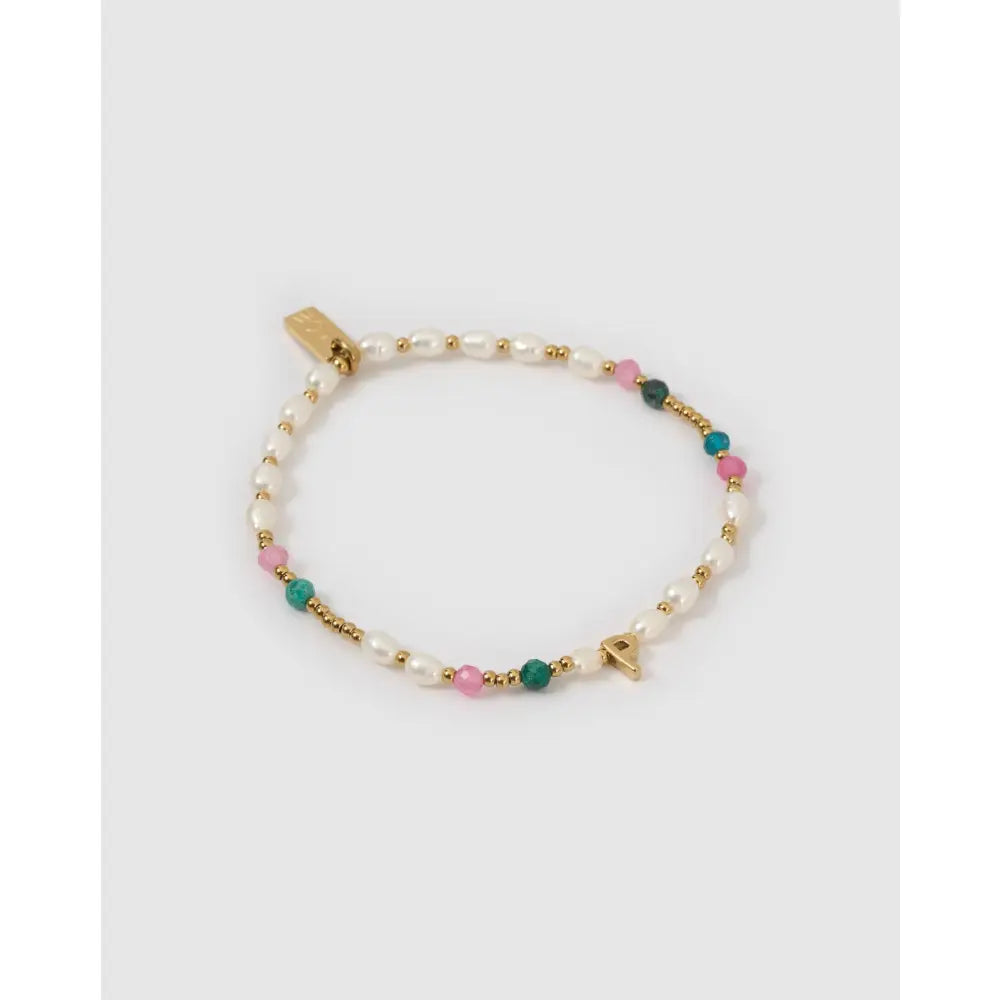 Beaded Gemstone and Pearl Initial Gold Bracelet - P - Bracelets
