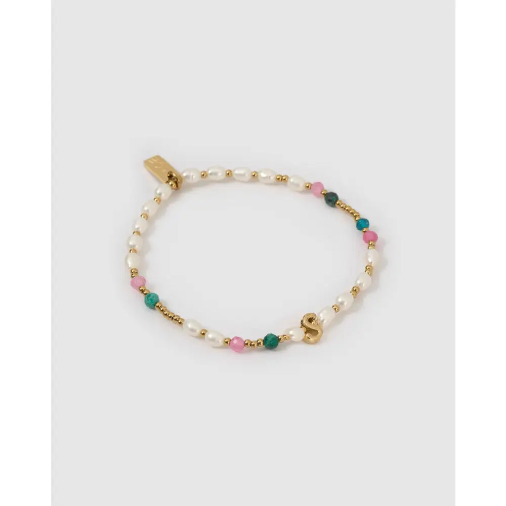 Beaded Gemstone and Pearl Initial Gold Bracelet - S - Bracelets