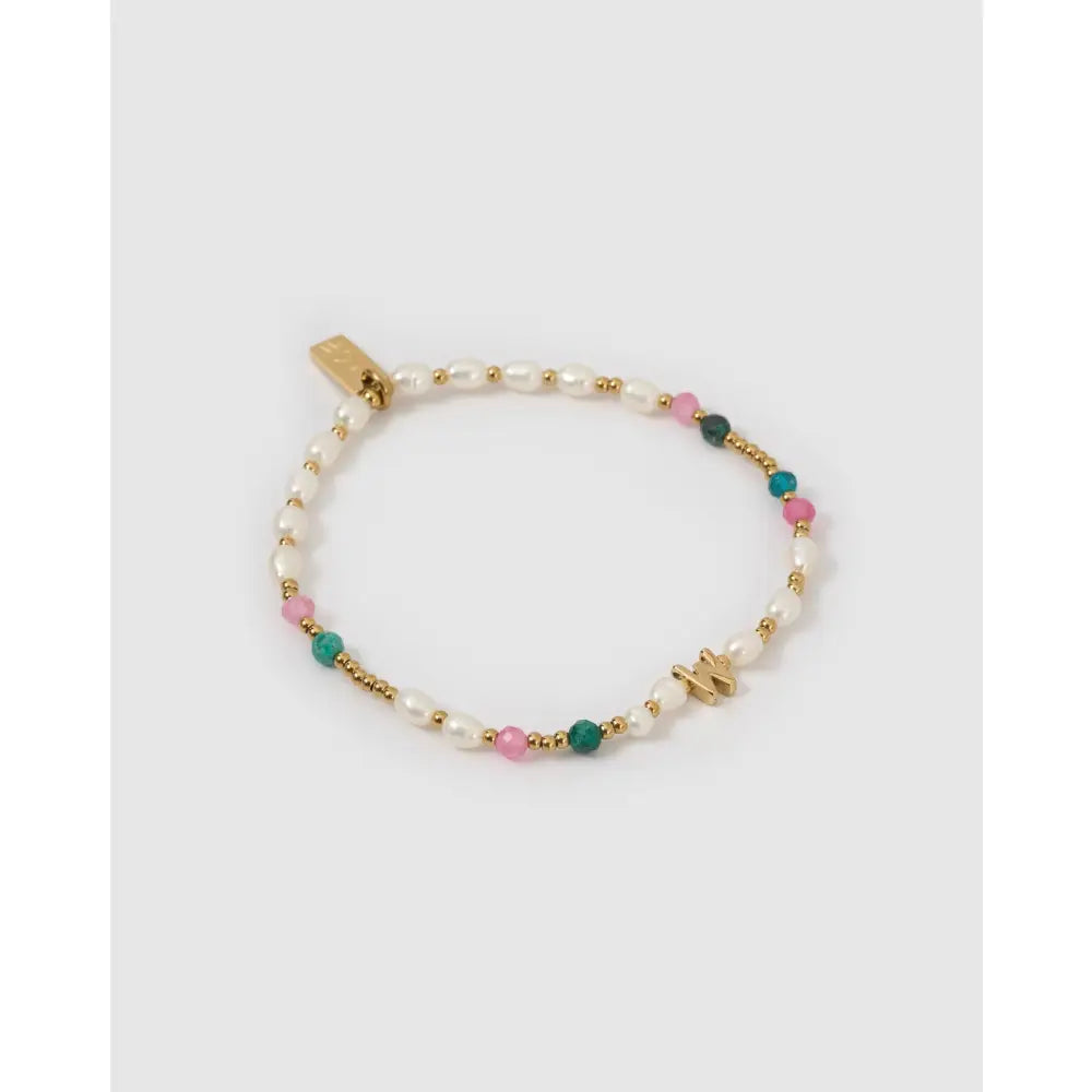 Beaded Gemstone and Pearl Initial Gold Bracelet - W - Bracelets