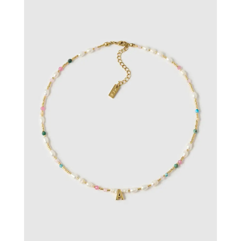 Beaded Gemstone and Pearl Initial Gold Necklace - Necklaces
