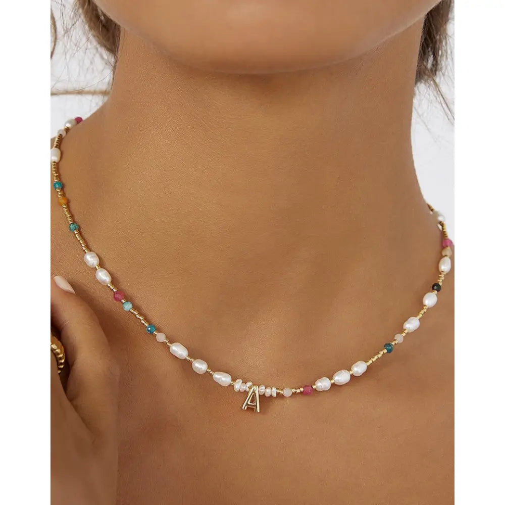 Beaded Gemstone and Pearl Initial Gold Necklace - Necklaces