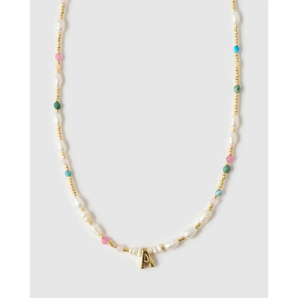 Beaded Gemstone and Pearl Initial Gold Necklace - A - Necklaces