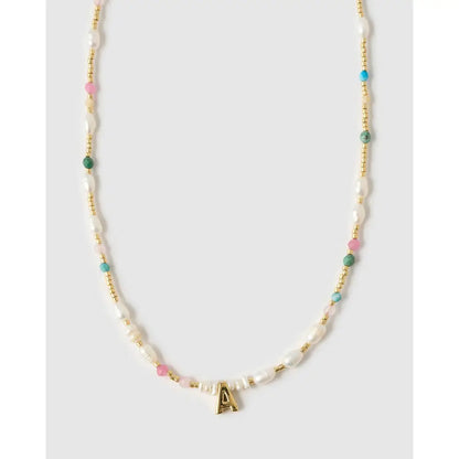 Beaded Gemstone and Pearl Initial Gold Necklace - A - Necklaces