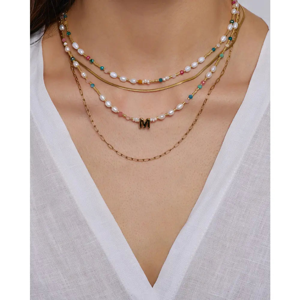 Beaded Gemstone and Pearl Initial Gold Necklace - Necklaces