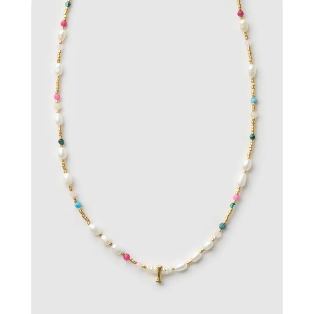 Beaded Gemstone and Pearl Initial Gold Necklace - I - Necklaces