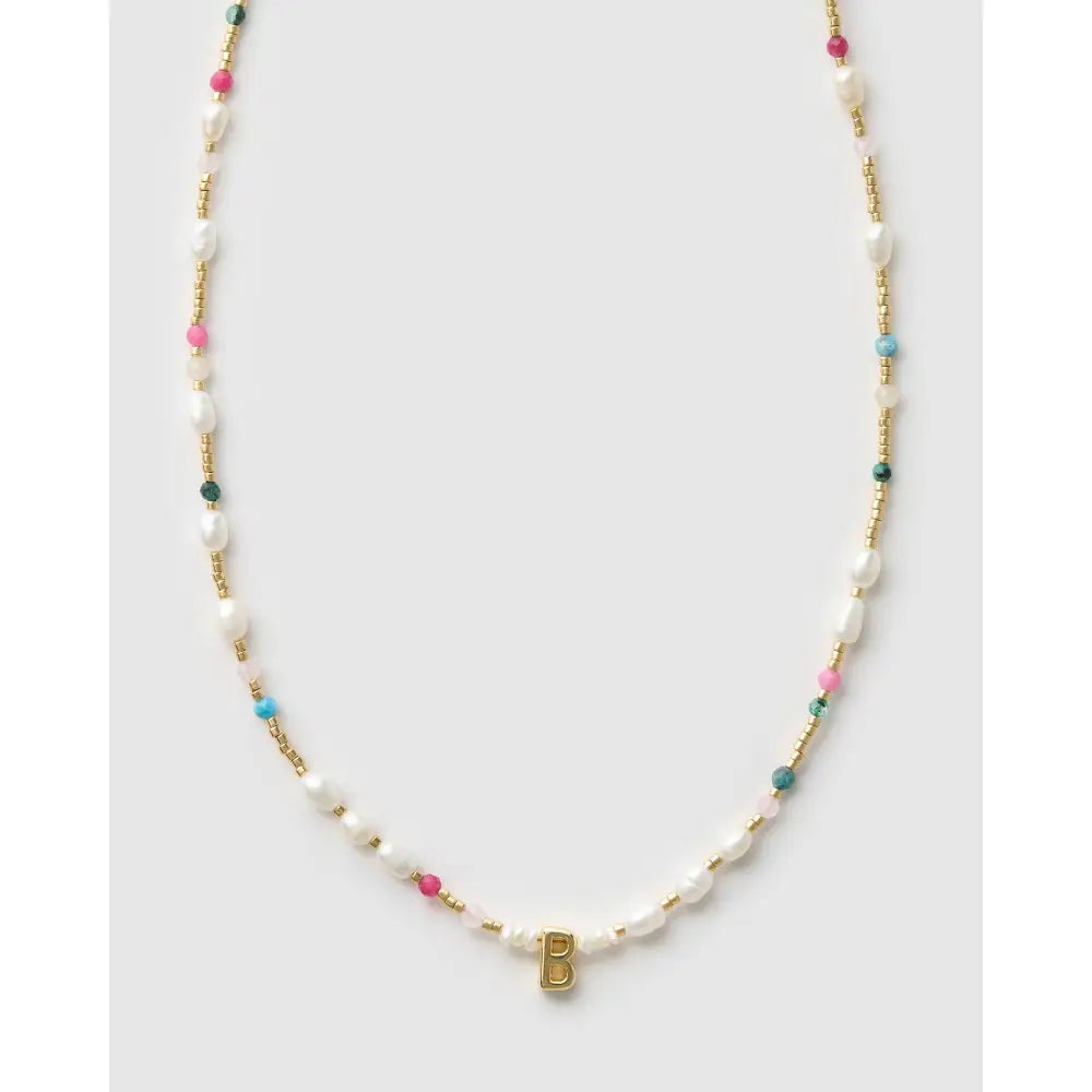 Beaded Gemstone and Pearl Initial Gold Necklace - B - Necklaces