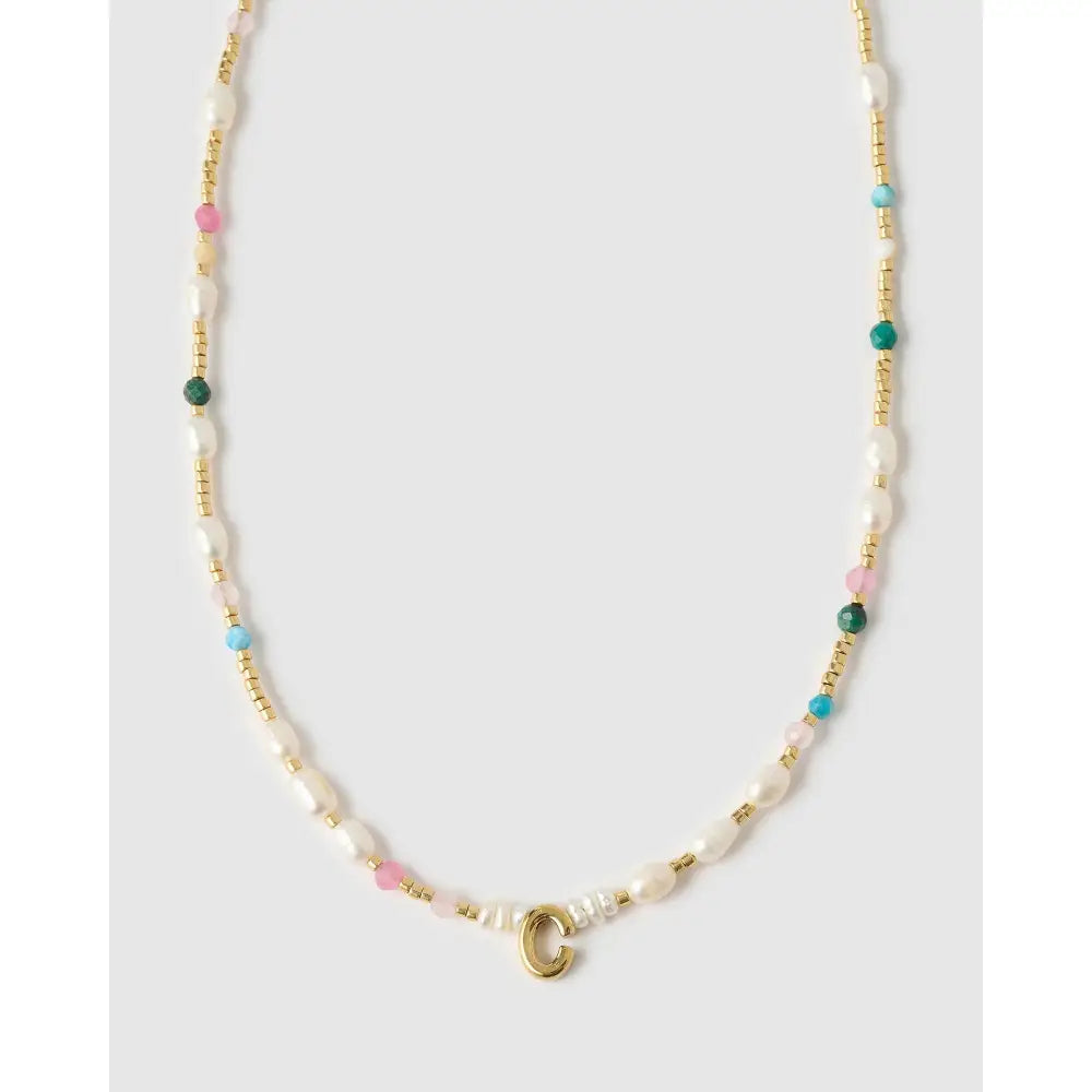 Beaded Gemstone and Pearl Initial Gold Necklace - C - Necklaces