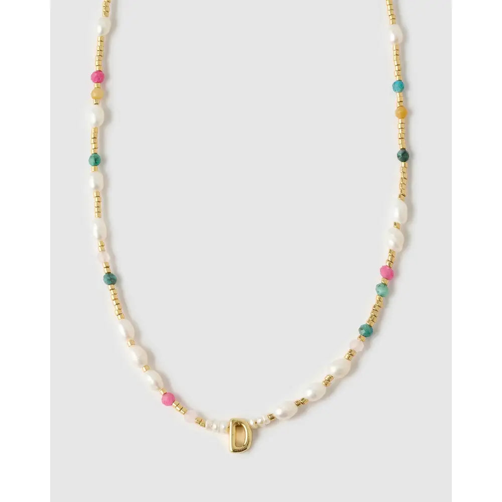 Beaded Gemstone and Pearl Initial Gold Necklace - D - Necklaces