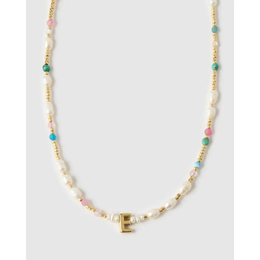 Beaded Gemstone and Pearl Initial Gold Necklace - E - Necklaces
