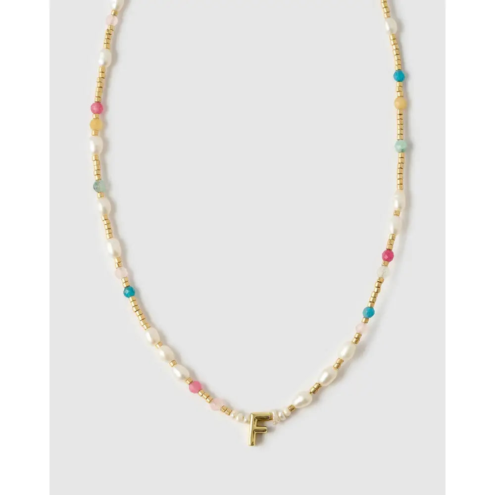 Beaded Gemstone and Pearl Initial Gold Necklace - F - Necklaces