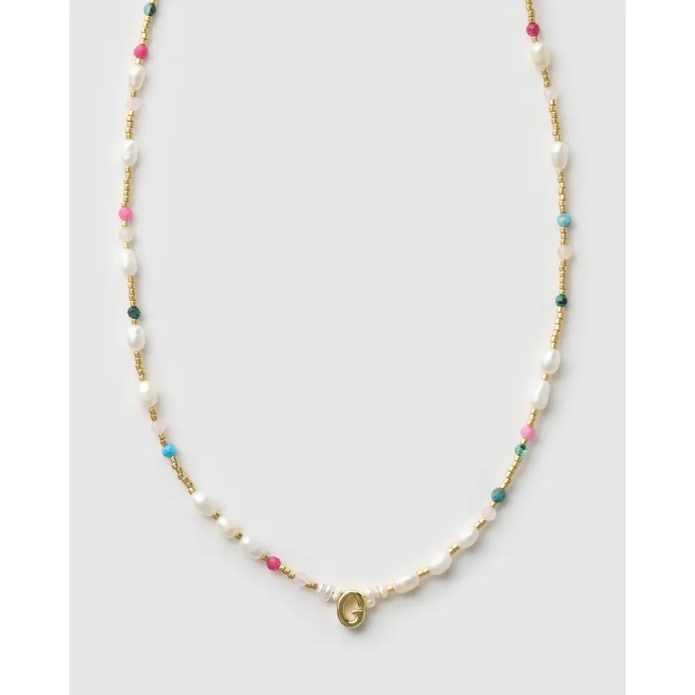 Beaded Gemstone and Pearl Initial Gold Necklace - G - Necklaces