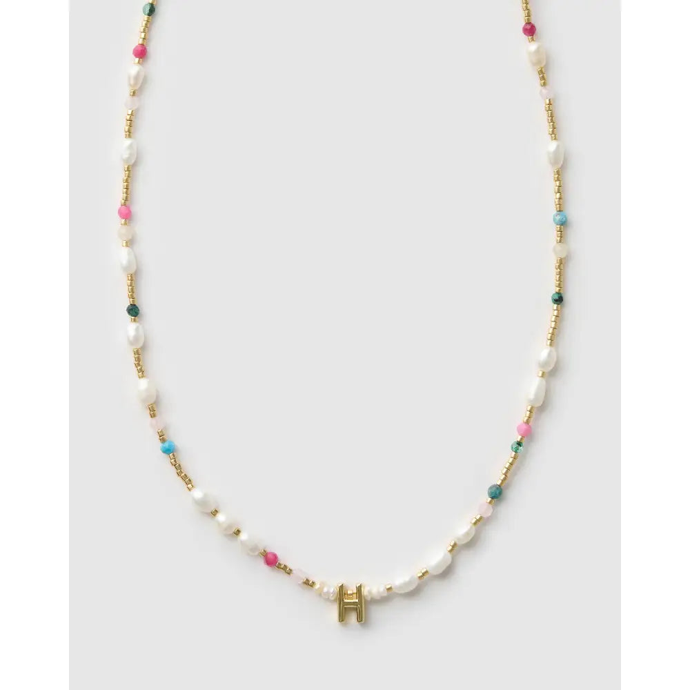 Beaded Gemstone and Pearl Initial Gold Necklace - H - Necklaces