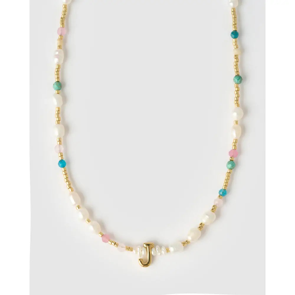 Beaded Gemstone and Pearl Initial Gold Necklace - J - Necklaces