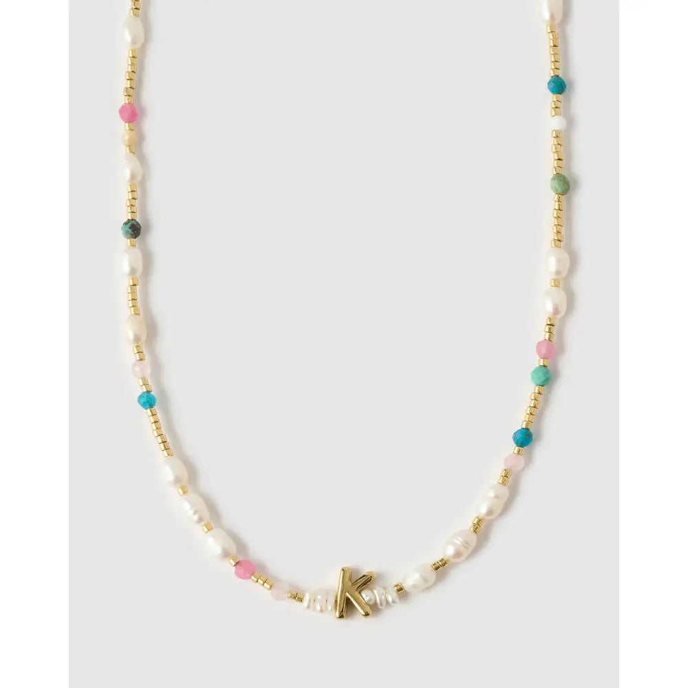 Beaded Gemstone and Pearl Initial Gold Necklace - K - Necklaces