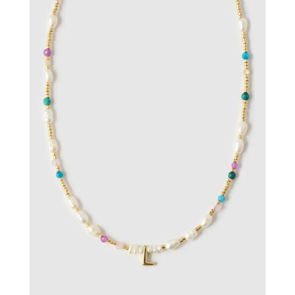 Beaded Gemstone and Pearl Initial Gold Necklace - L - Necklaces