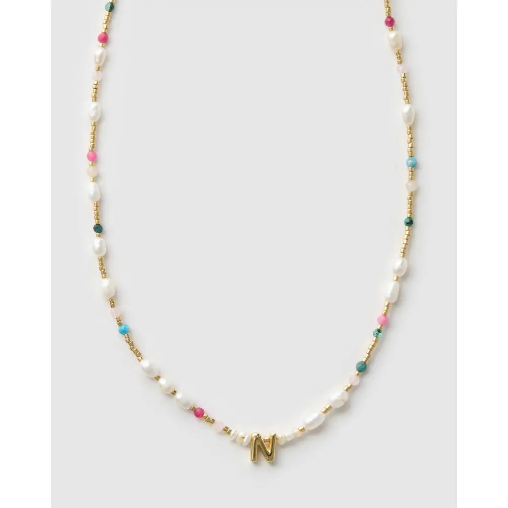 Beaded Gemstone and Pearl Initial Gold Necklace - N - Necklaces