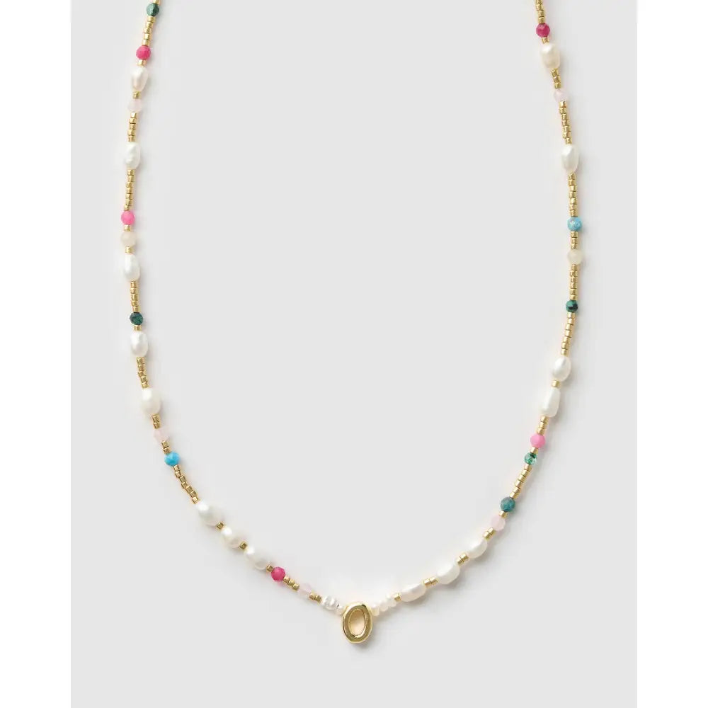 Beaded Gemstone and Pearl Initial Gold Necklace - O - Necklaces