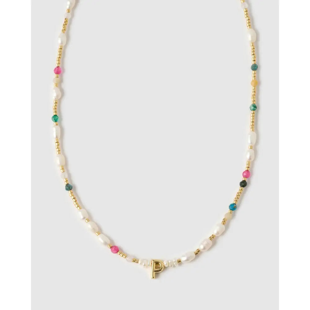 Beaded Gemstone and Pearl Initial Gold Necklace - P - Necklaces
