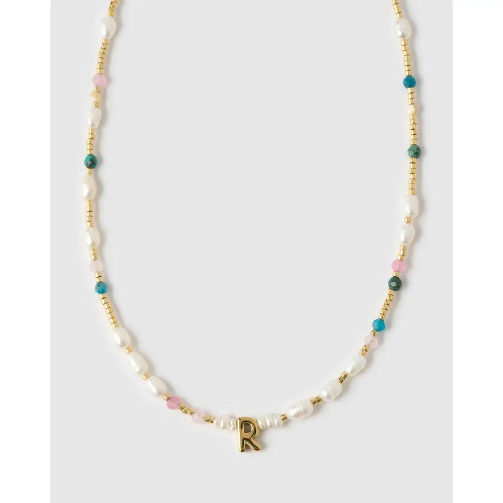 Beaded Gemstone and Pearl Initial Gold Necklace - R - Necklaces