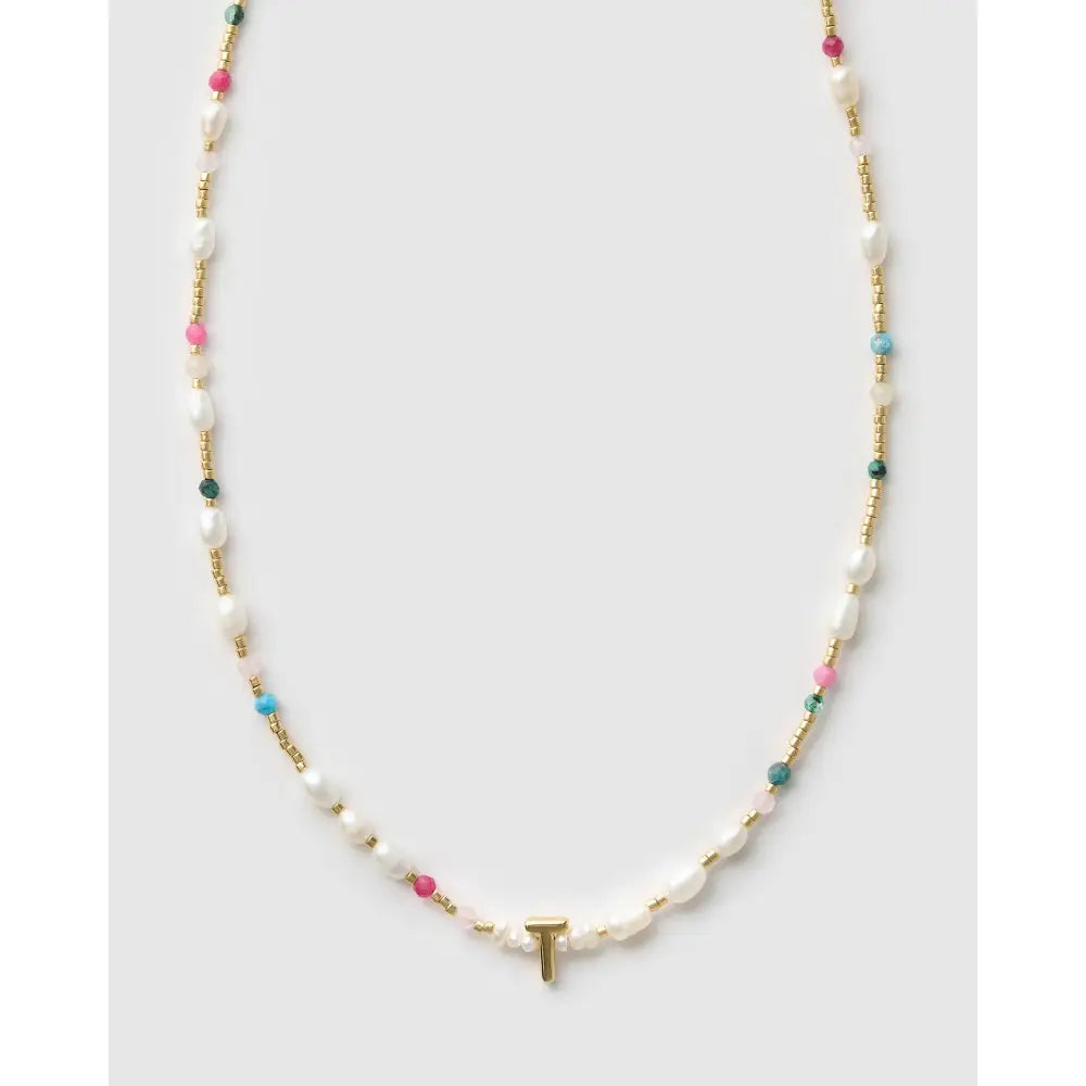 Beaded Gemstone and Pearl Initial Gold Necklace - T - Necklaces