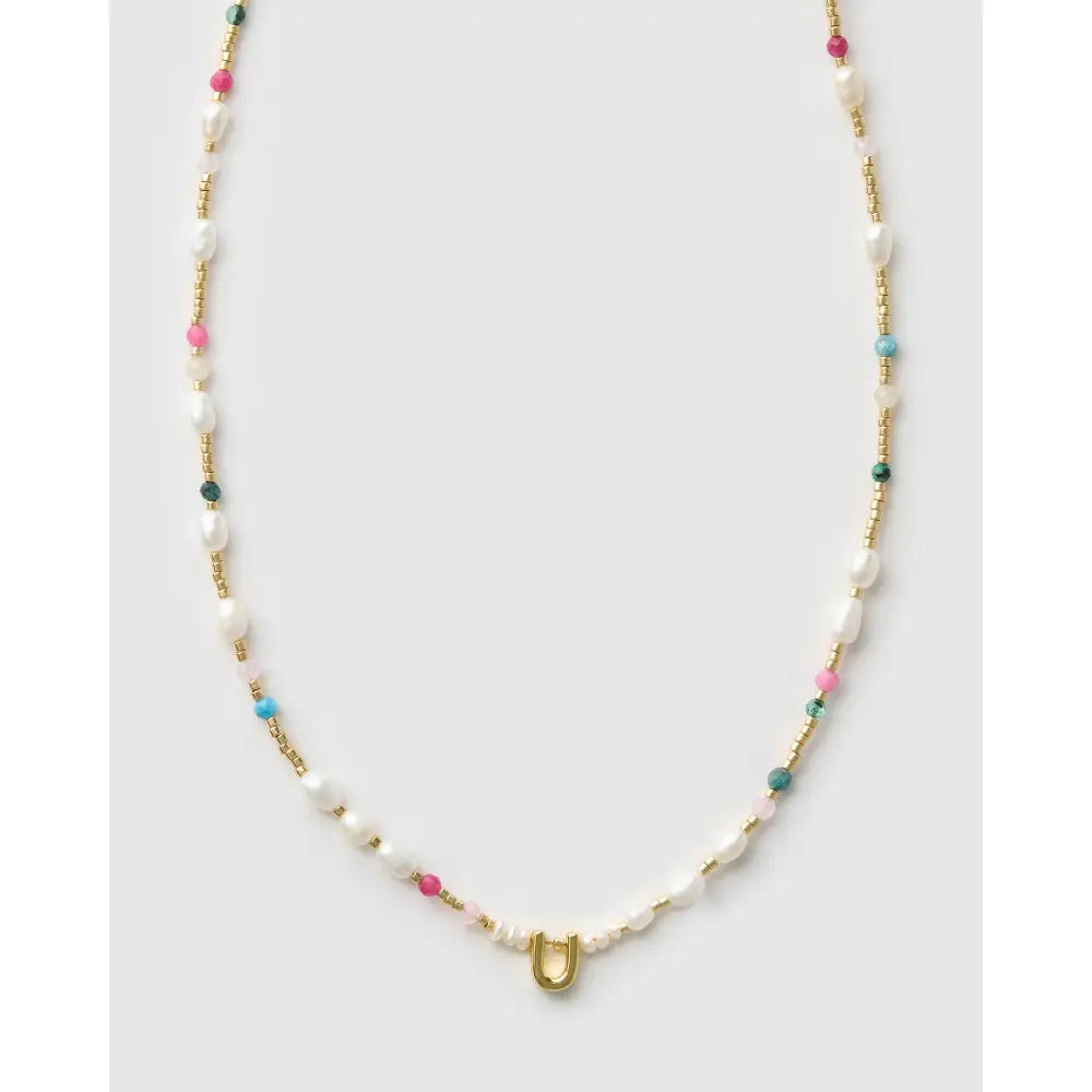 Beaded Gemstone and Pearl Initial Gold Necklace - U - Necklaces