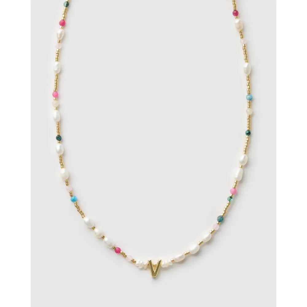 Beaded Gemstone and Pearl Initial Gold Necklace - V - Necklaces