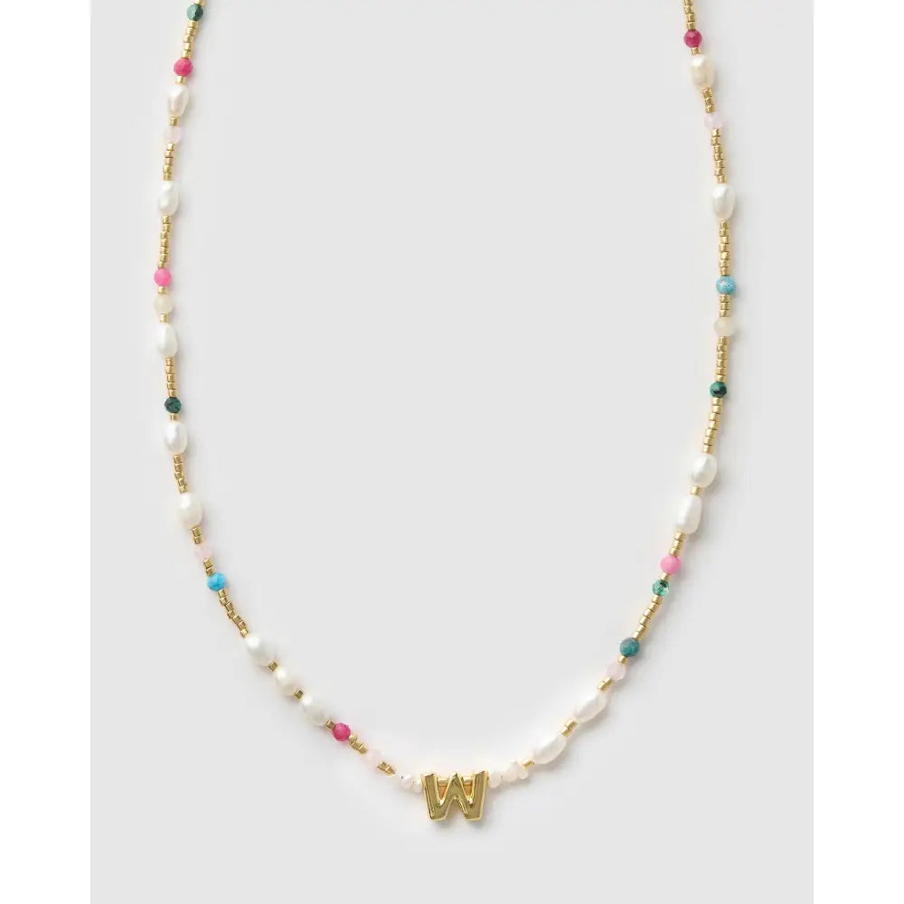 Beaded Gemstone and Pearl Initial Gold Necklace - W - Necklaces