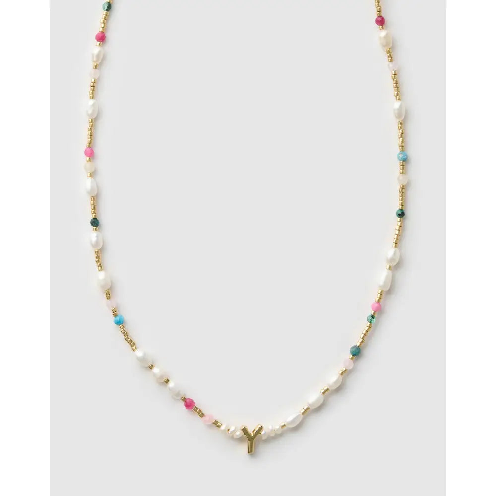 Beaded Gemstone and Pearl Initial Gold Necklace - Y - Necklaces