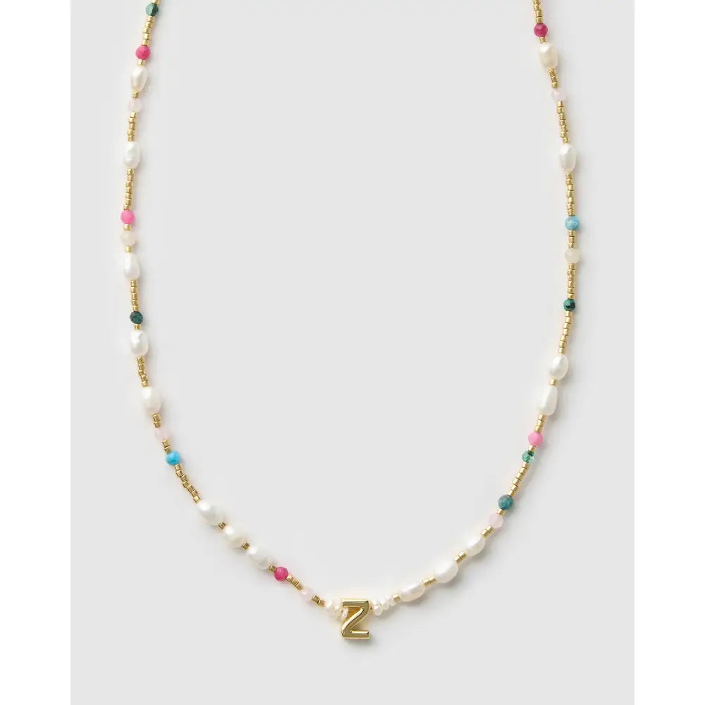 Beaded Gemstone and Pearl Initial Gold Necklace - Z - Necklaces