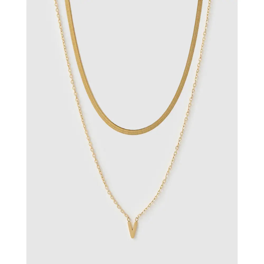 Mini Initial Necklace Stack - Gold / V - Necklaces