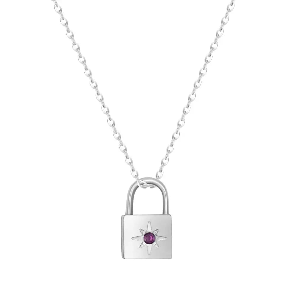 Padlock Birthstone Necklace - Silver / February - Necklaces