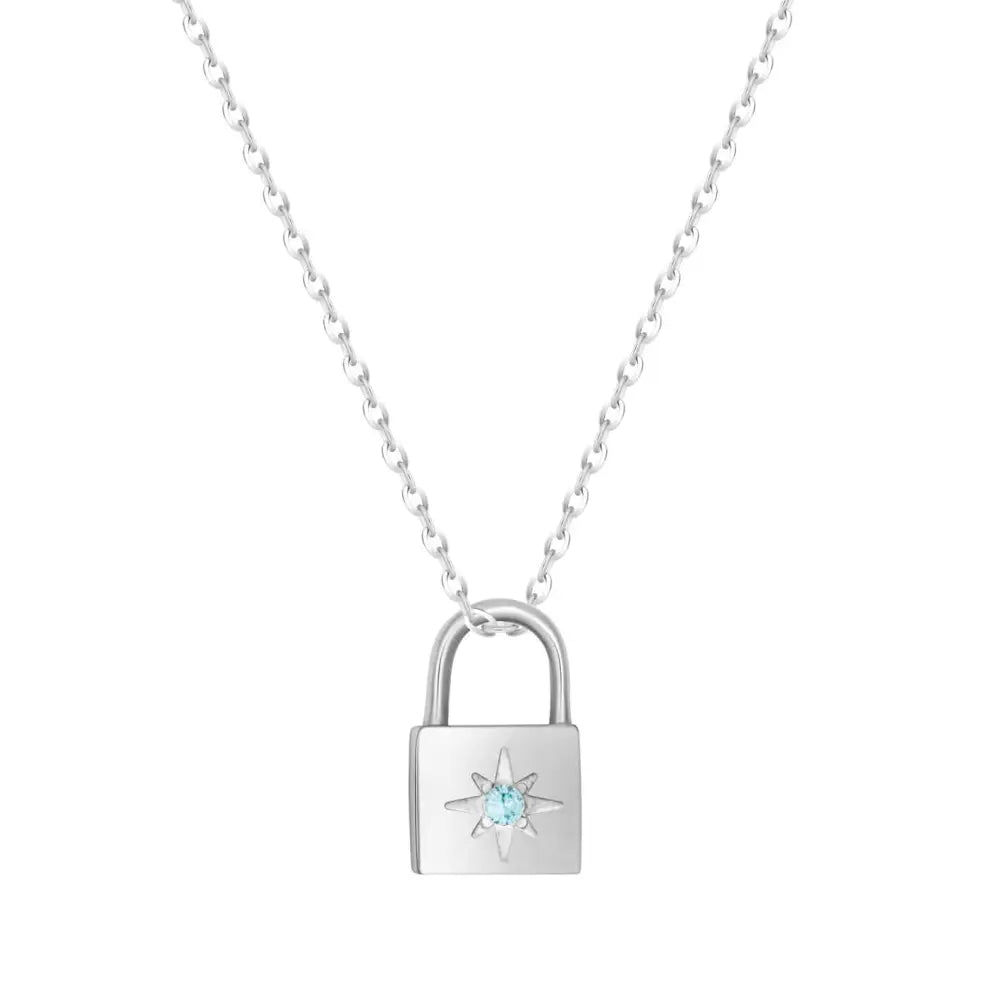 Padlock Birthstone Necklace - Silver / March - Necklaces