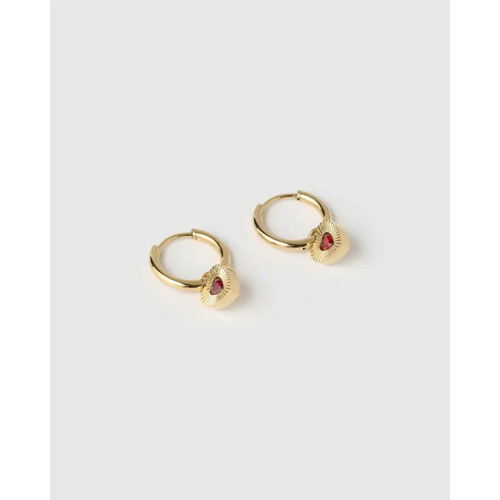 Ruby Red Heart Gold Huggie Earrings - Earrings