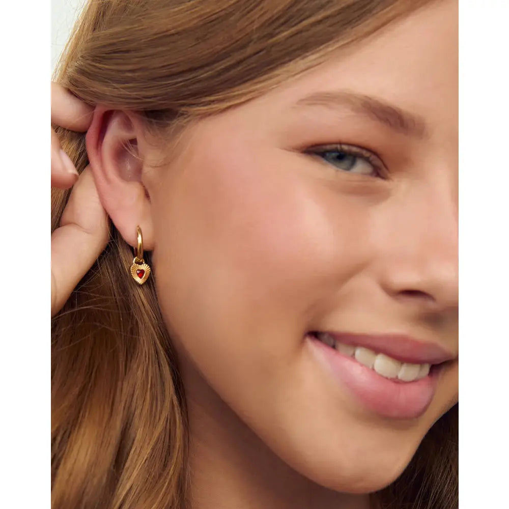 Ruby Red Heart Gold Huggie Earrings - Earrings