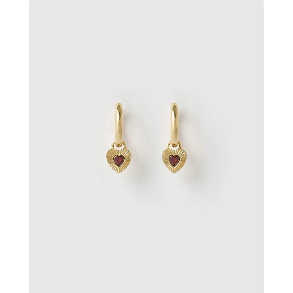 Ruby Red Heart Gold Huggie Earrings - Earrings