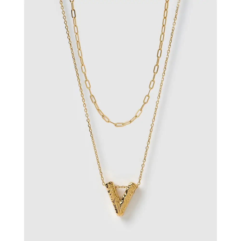 Statement Letter Gold Necklace Stack - Gold / V - Necklaces