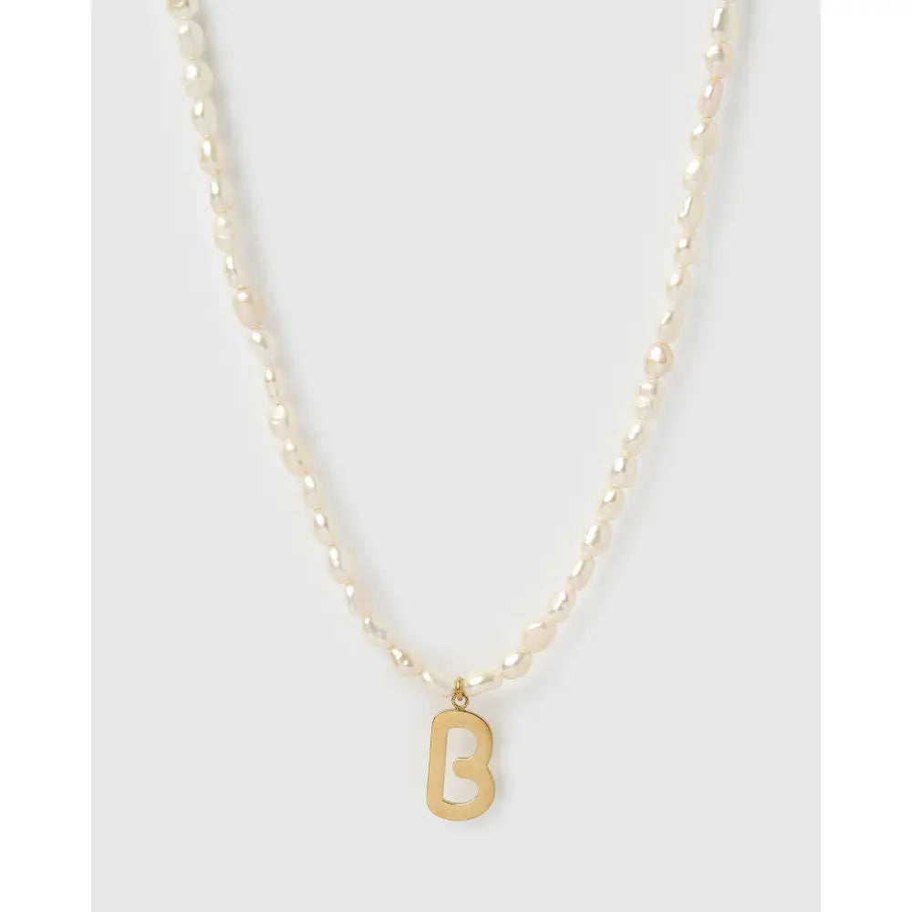 Statement Letter Pearl Gold Necklace - B - Necklaces