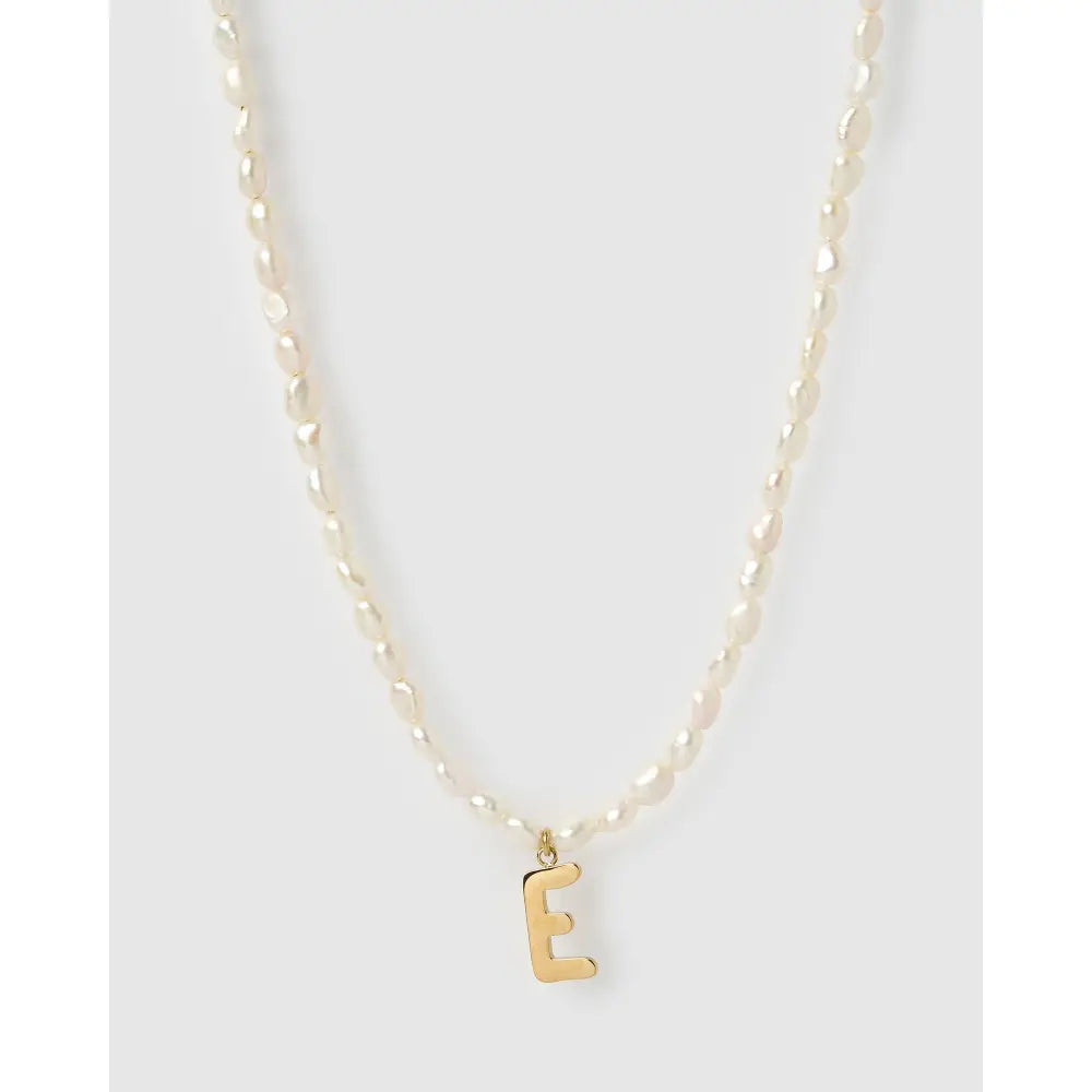 Statement Letter Pearl Gold Necklace - E - Necklaces