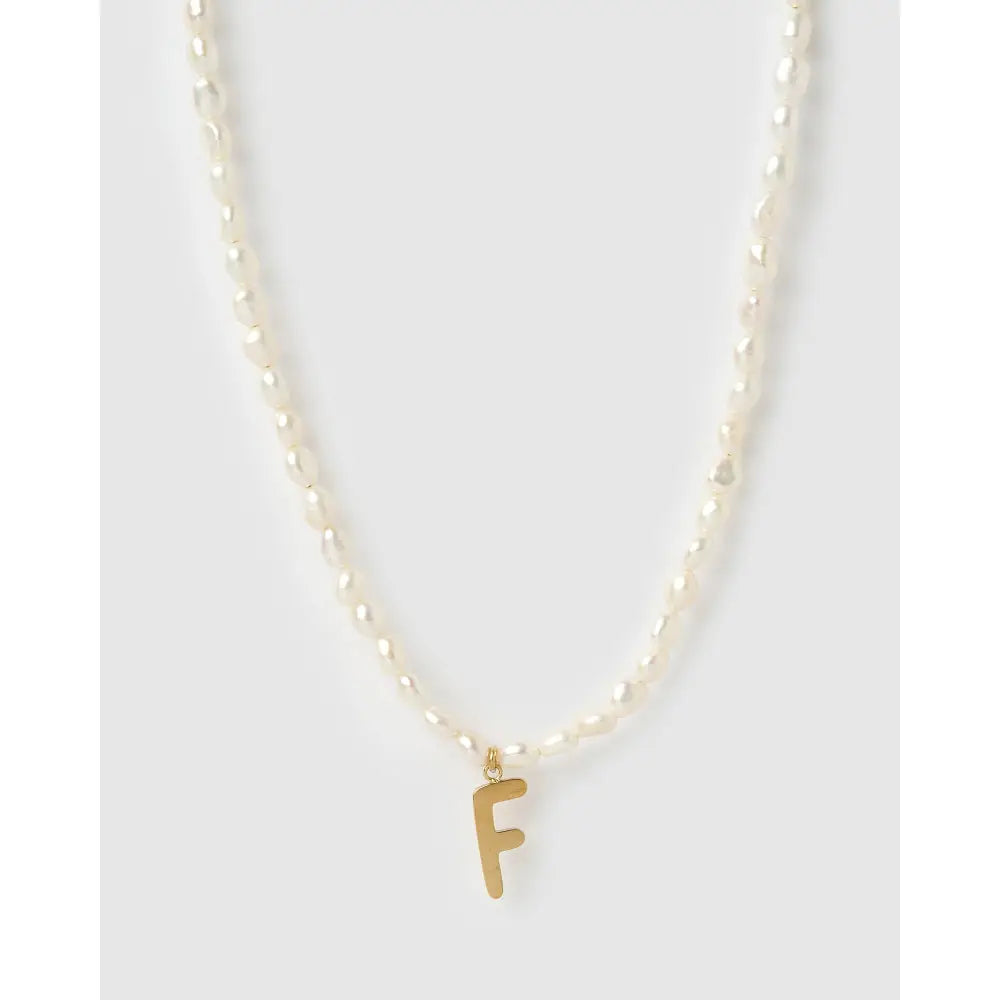 Statement Letter Pearl Gold Necklace - F - Necklaces