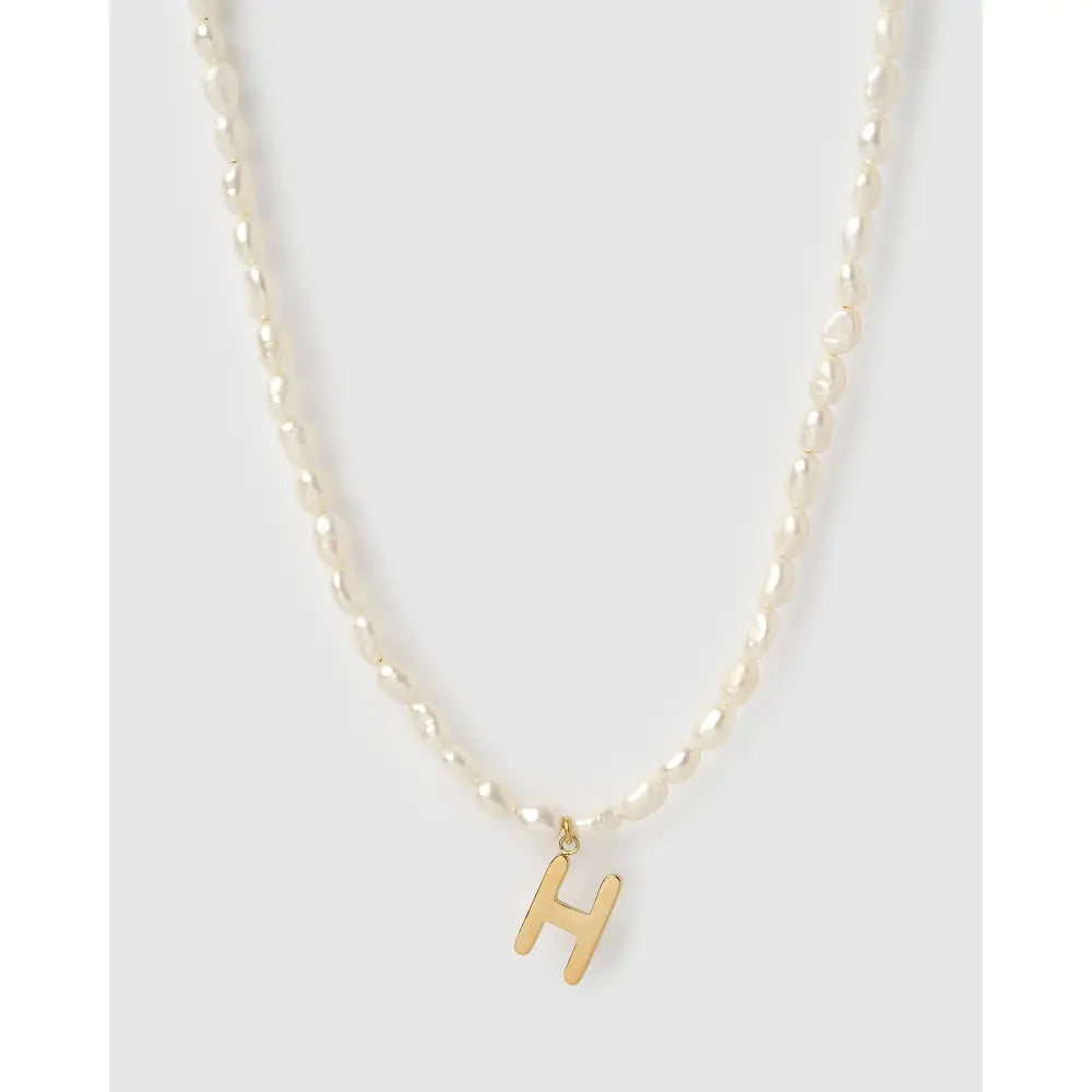 Statement Letter Pearl Gold Necklace - H - Necklaces