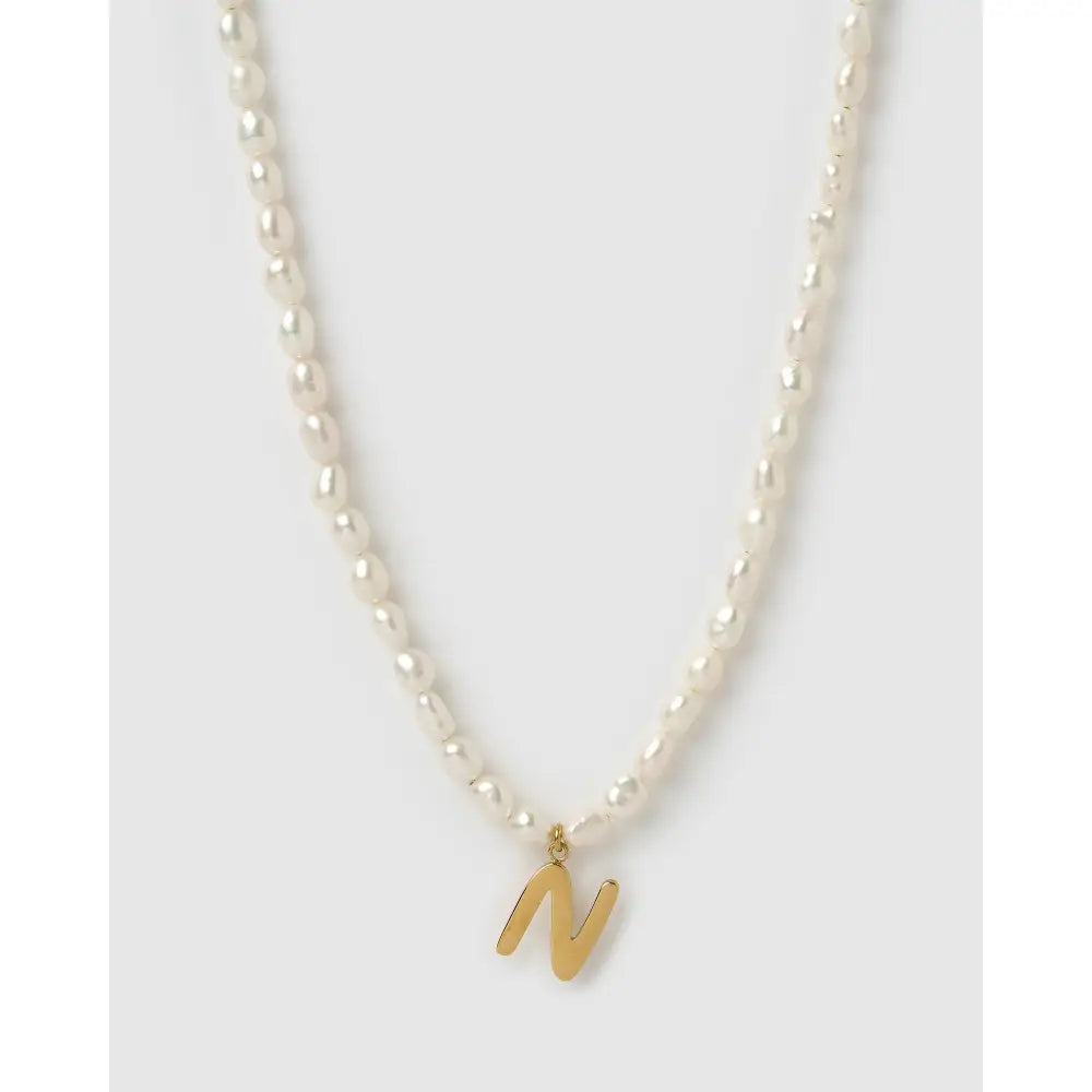 Statement Letter Pearl Gold Necklace - N - Necklaces