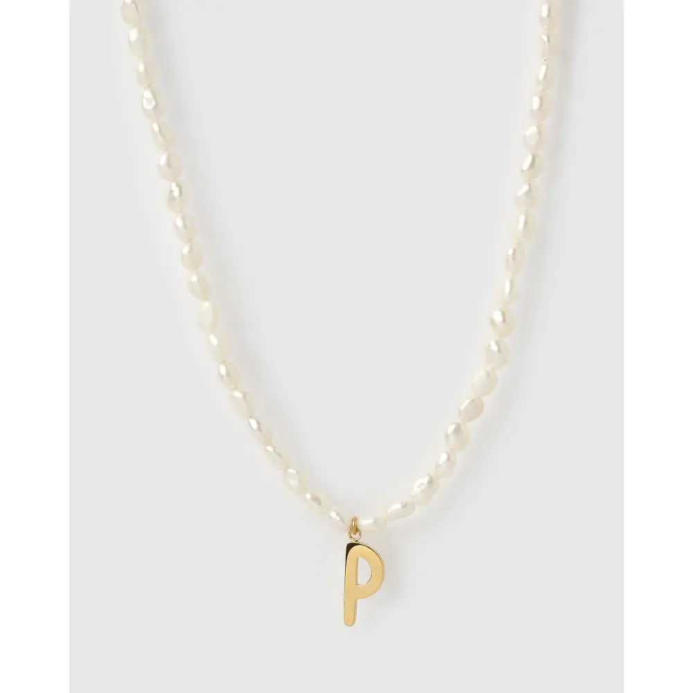 Statement Letter Pearl Gold Necklace - P - Necklaces