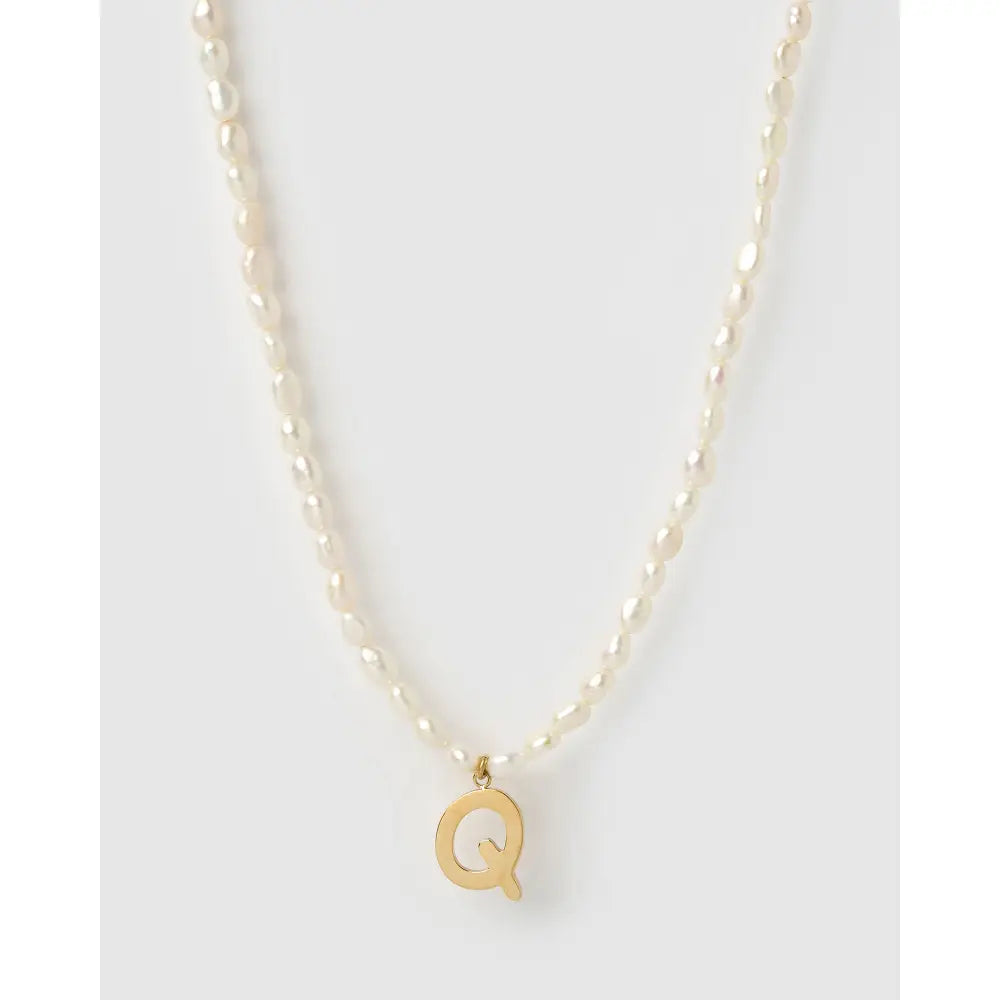 Statement Letter Pearl Gold Necklace - Q - Necklaces