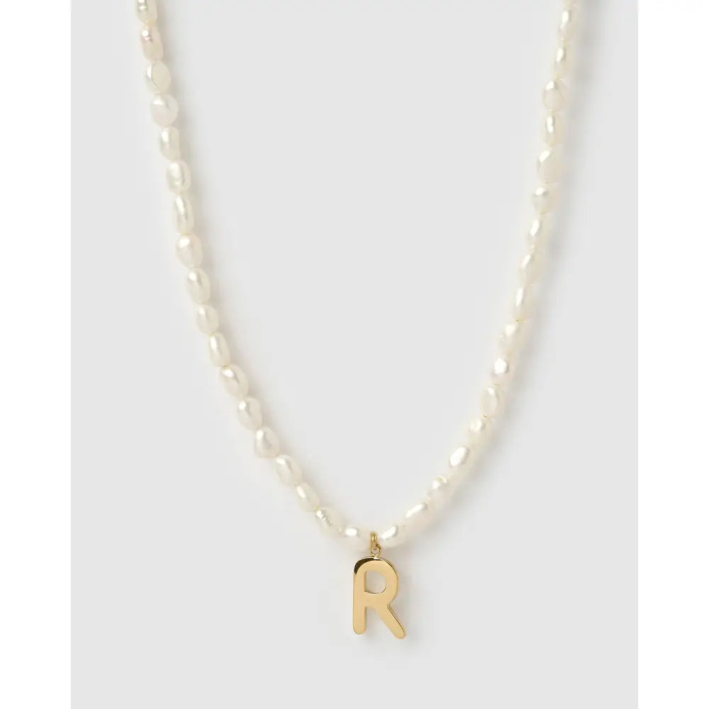 Statement Letter Pearl Gold Necklace - R - Necklaces