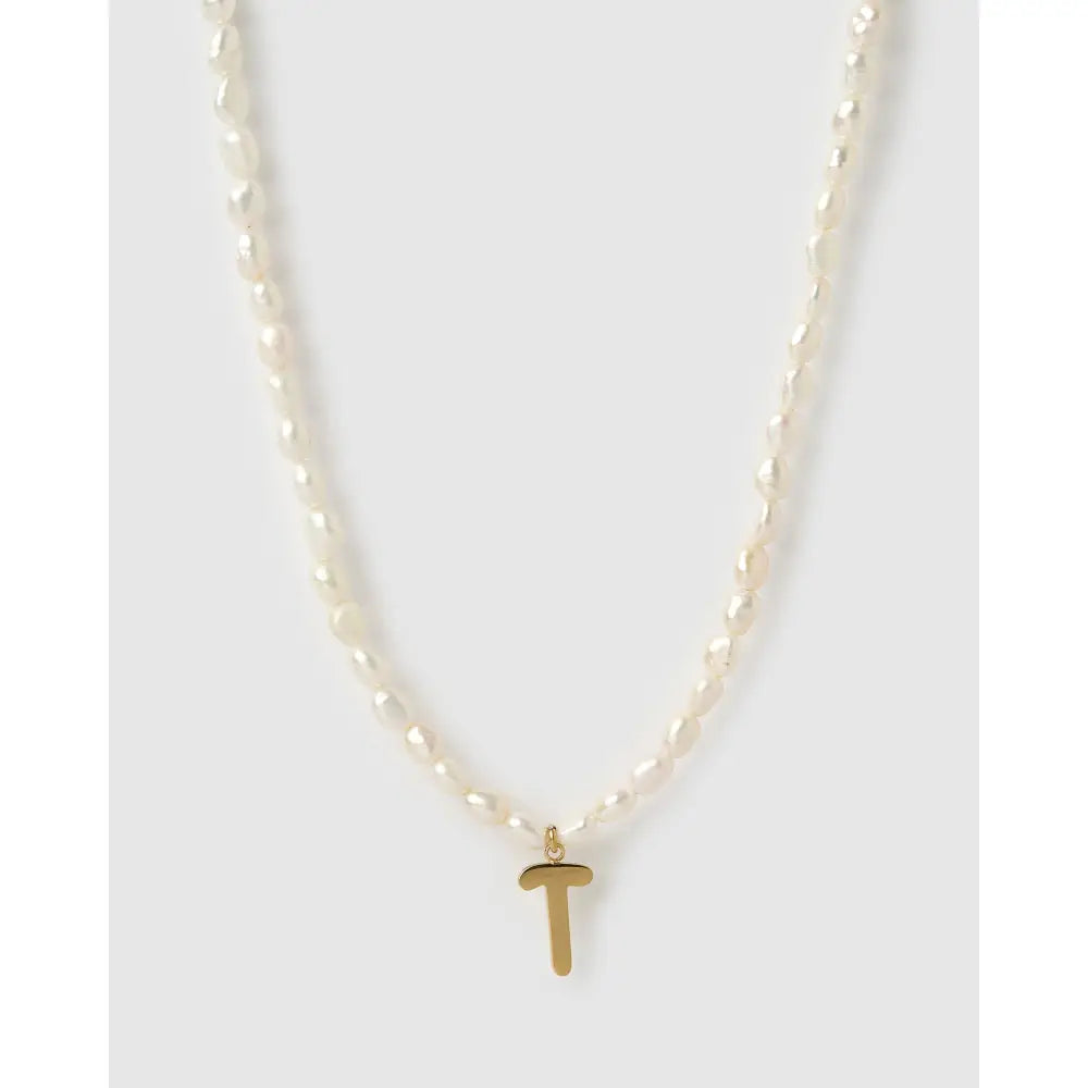 Statement Letter Pearl Gold Necklace - T - Necklaces